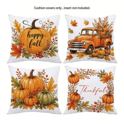 4pcs Autumn Vintage Orange Pumpkin Print Pillow Covers [Without Pillow Insert], 40*40cm/45*45cm/50*50cm, [Single-Sided Printing] Made Of Polyester Material Happy Fall Thankful Watercolor Maple Leaf Be