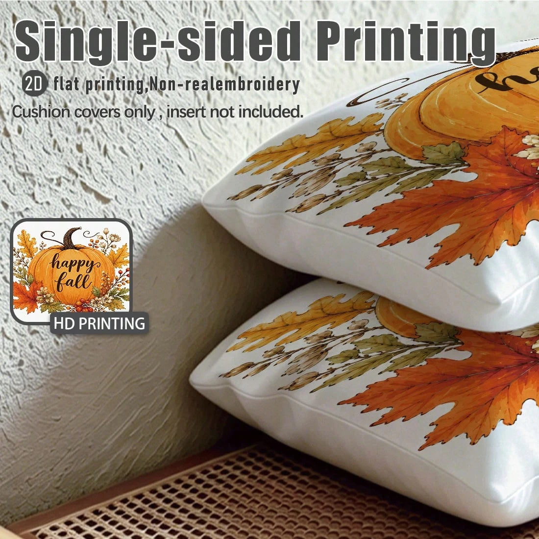4pcs Autumn Vintage Orange Pumpkin Print Pillow Covers [Without Pillow Insert], 40*40cm/45*45cm/50*50cm, [Single-Sided Printing] Made Of Polyester Material Happy Fall Thankful Watercolor Maple Leaf Be