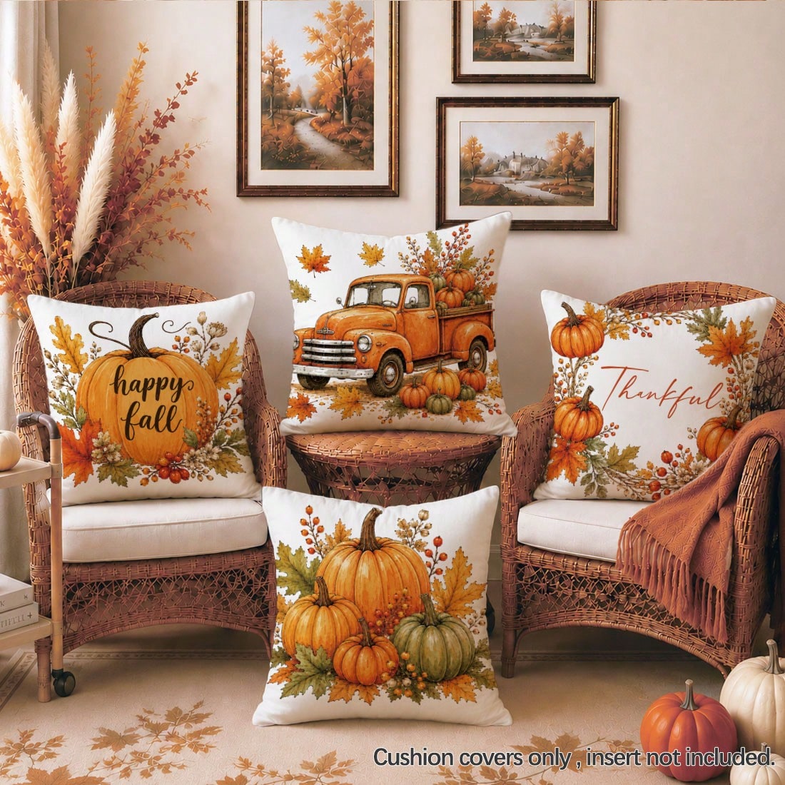 4pcs Autumn Vintage Orange Pumpkin Print Pillow Covers [Without Pillow Insert], 40*40cm/45*45cm/50*50cm, [Single-Sided Printing] Made Of Polyester Material Happy Fall Thankful Watercolor Maple Leaf Be