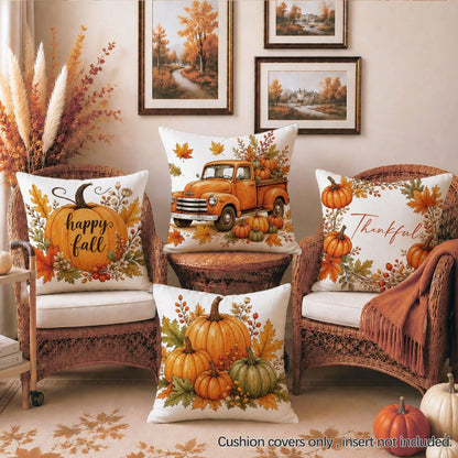 4pcs Autumn Vintage Orange Pumpkin Print Pillow Covers [Without Pillow Insert], 40*40cm/45*45cm/50*50cm, [Single-Sided Printing] Made Of Polyester Material Happy Fall Thankful Watercolor Maple Leaf Be