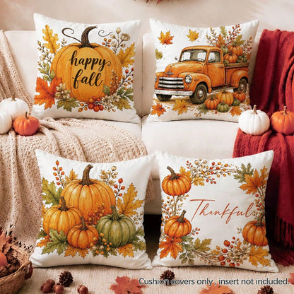 4pcs Autumn Vintage Orange Pumpkin Print Pillow Covers [Without Pillow Insert], 40*40cm/45*45cm/50*50cm, [Single-Sided Printing] Made Of Polyester Material Happy Fall Thankful Watercolor Maple Leaf Be