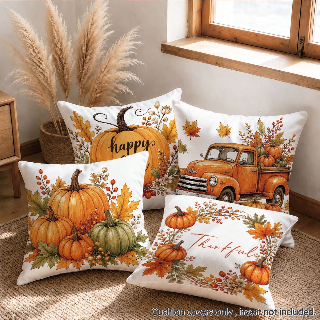4pcs Autumn Vintage Orange Pumpkin Print Pillow Covers [Without Pillow Insert], 40*40cm/45*45cm/50*50cm, [Single-Sided Printing] Made Of Polyester Material Happy Fall Thankful Watercolor Maple Leaf Be