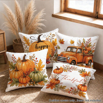 4pcs Autumn Vintage Orange Pumpkin Print Pillow Covers [Without Pillow Insert], 40*40cm/45*45cm/50*50cm, [Single-Sided Printing] Made Of Polyester Material Happy Fall Thankful Watercolor Maple Leaf Be