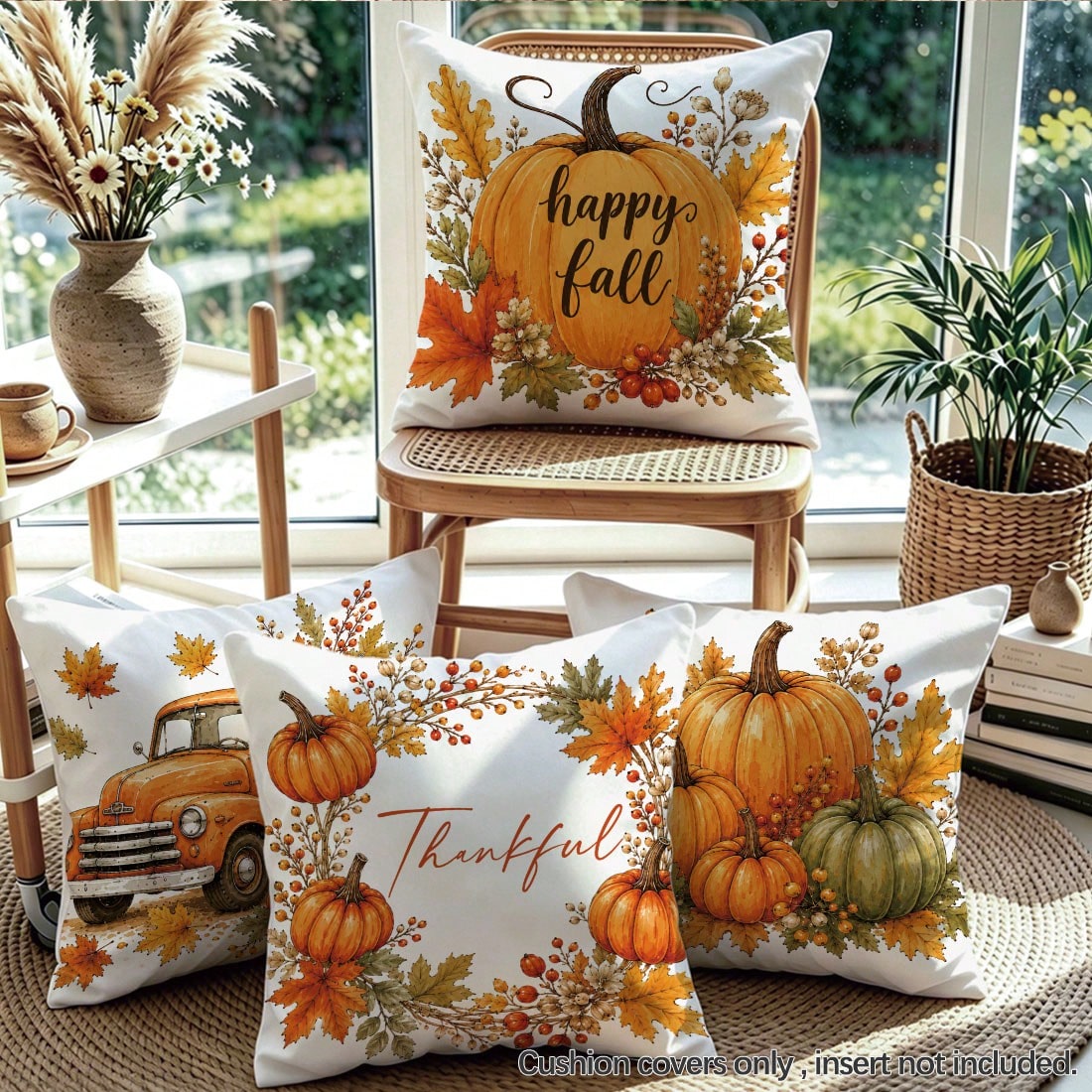 4pcs Autumn Vintage Orange Pumpkin Print Pillow Covers [Without Pillow Insert], 40*40cm/45*45cm/50*50cm, [Single-Sided Printing] Made Of Polyester Material Happy Fall Thankful Watercolor Maple Leaf Be
