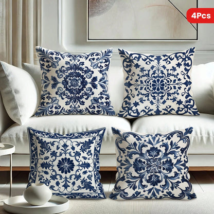 4pcs Bohemian Blue & White Floral Velvet Throw Pillow Covers, 45x45 Cm Square Decorative Pillowcases With Zipper Closure, Machine Washable Polyester For Living Room, Bedroom, Sofa & Bed Decor, Decorat