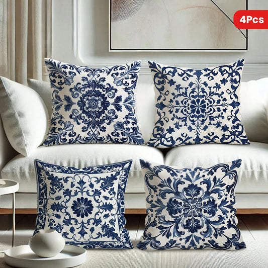 4pcs Bohemian Blue & White Floral Velvet Throw Pillow Covers, 45x45 Cm Square Decorative Pillowcases With Zipper Closure, Machine Washable Polyester For Living Room, Bedroom, Sofa & Bed Decor, Decorat