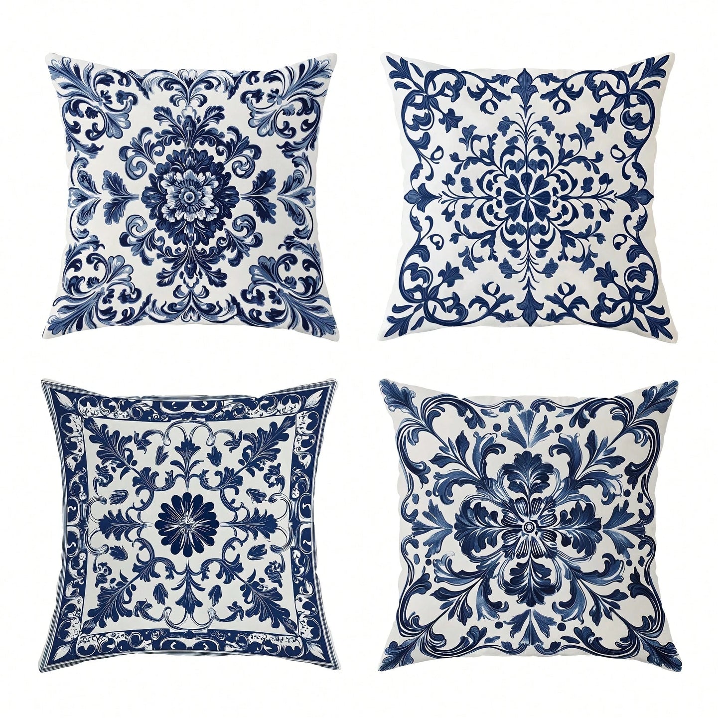 4pcs Bohemian Blue & White Floral Velvet Throw Pillow Covers, 45x45 Cm Square Decorative Pillowcases With Zipper Closure, Machine Washable Polyester For Living Room, Bedroom, Sofa & Bed Decor, Decorat