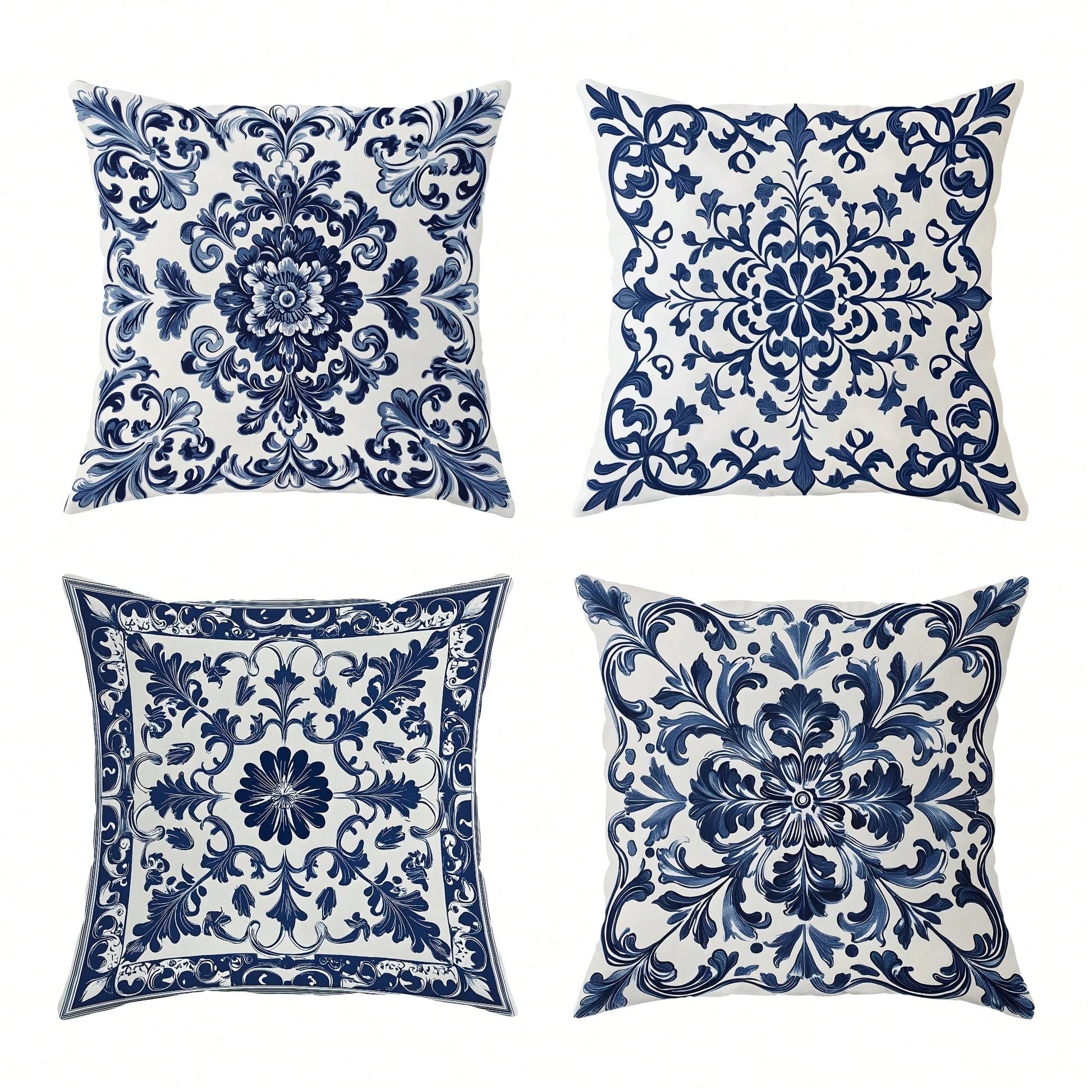 4pcs Bohemian Blue & White Floral Velvet Throw Pillow Covers, 45x45 Cm Square Decorative Pillowcases With Zipper Closure, Machine Washable Polyester For Living Room, Bedroom, Sofa & Bed Decor, Decorat