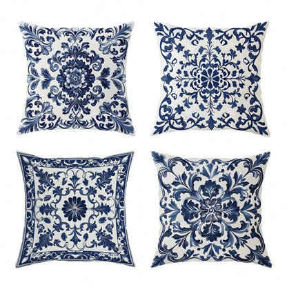 4pcs Bohemian Blue & White Floral Velvet Throw Pillow Covers, 45x45 Cm Square Decorative Pillowcases With Zipper Closure, Machine Washable Polyester For Living Room, Bedroom, Sofa & Bed Decor, Decorat