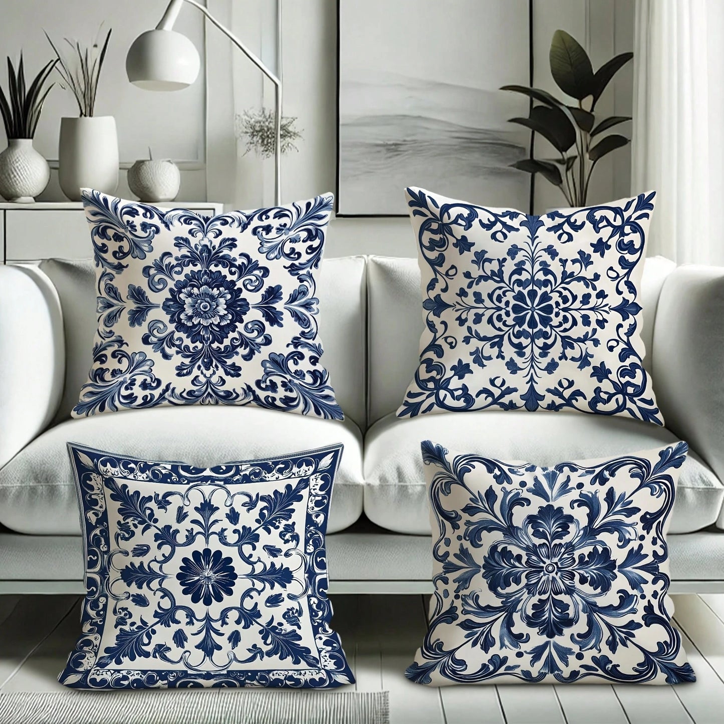 4pcs Bohemian Blue & White Floral Velvet Throw Pillow Covers, 45x45 Cm Square Decorative Pillowcases With Zipper Closure, Machine Washable Polyester For Living Room, Bedroom, Sofa & Bed Decor, Decorat