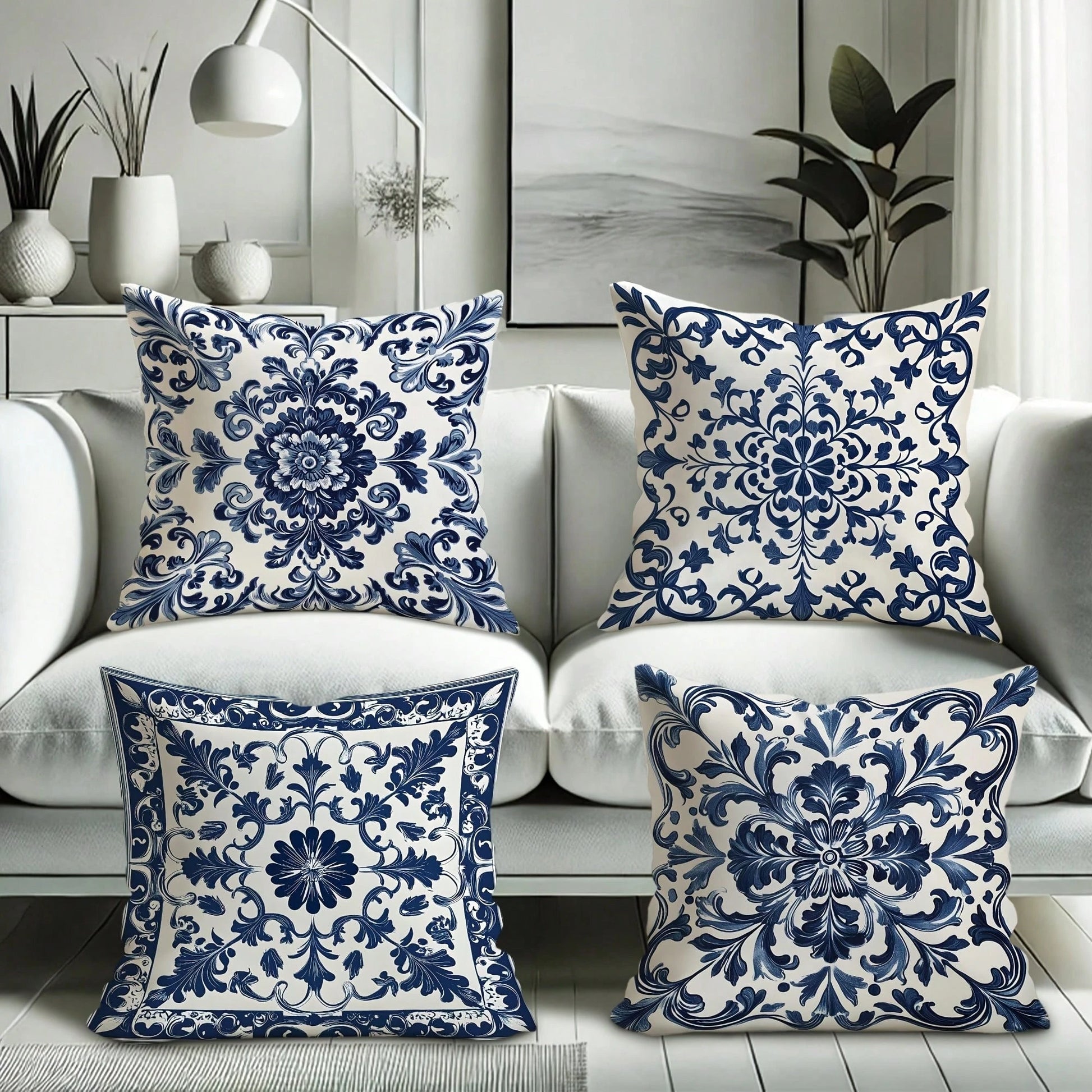 4pcs Bohemian Blue & White Floral Velvet Throw Pillow Covers, 45x45 Cm Square Decorative Pillowcases With Zipper Closure, Machine Washable Polyester For Living Room, Bedroom, Sofa & Bed Decor, Decorat