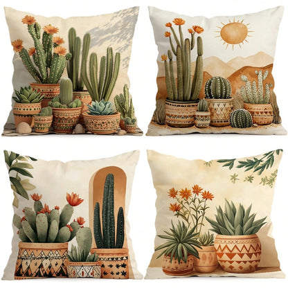 4pcs Bohemian Cactus Pattern Single-Sided Printed Throw Pillow Covers/Cushion Covers, Multi-Scene Atmosphere Decorative Pillow Covers Suitable For Living Room Sofa Bedroom, Pillow Inserts Not Included