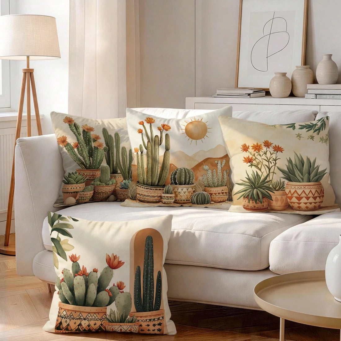 4pcs Bohemian Cactus Pattern Single-Sided Printed Throw Pillow Covers/Cushion Covers, Multi-Scene Atmosphere Decorative Pillow Covers Suitable For Living Room Sofa Bedroom, Pillow Inserts Not Included