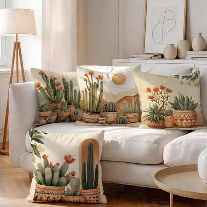 4pcs Bohemian Cactus Pattern Single-Sided Printed Throw Pillow Covers/Cushion Covers, Multi-Scene Atmosphere Decorative Pillow Covers Suitable For Living Room Sofa Bedroom, Pillow Inserts Not Included