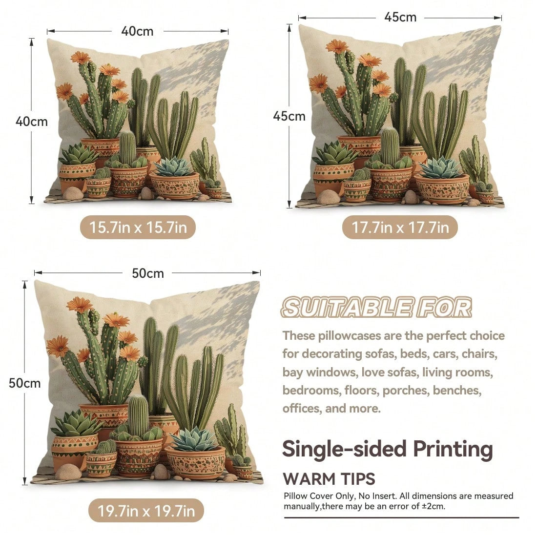 4pcs Bohemian Cactus Pattern Single-Sided Printed Throw Pillow Covers/Cushion Covers, Multi-Scene Atmosphere Decorative Pillow Covers Suitable For Living Room Sofa Bedroom, Pillow Inserts Not Included