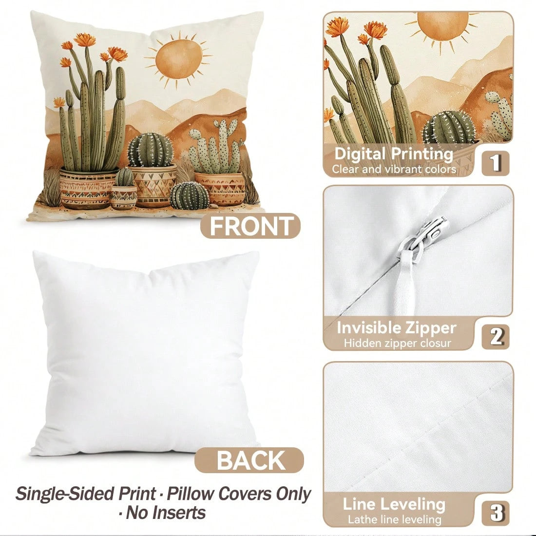 4pcs Bohemian Cactus Pattern Single-Sided Printed Throw Pillow Covers/Cushion Covers, Multi-Scene Atmosphere Decorative Pillow Covers Suitable For Living Room Sofa Bedroom, Pillow Inserts Not Included