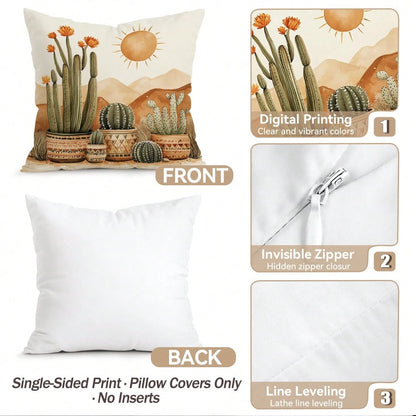 4pcs Bohemian Cactus Pattern Single-Sided Printed Throw Pillow Covers/Cushion Covers, Multi-Scene Atmosphere Decorative Pillow Covers Suitable For Living Room Sofa Bedroom, Pillow Inserts Not Included