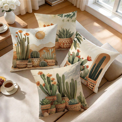 4pcs Bohemian Cactus Pattern Single-Sided Printed Throw Pillow Covers/Cushion Covers, Multi-Scene Atmosphere Decorative Pillow Covers Suitable For Living Room Sofa Bedroom, Pillow Inserts Not Included