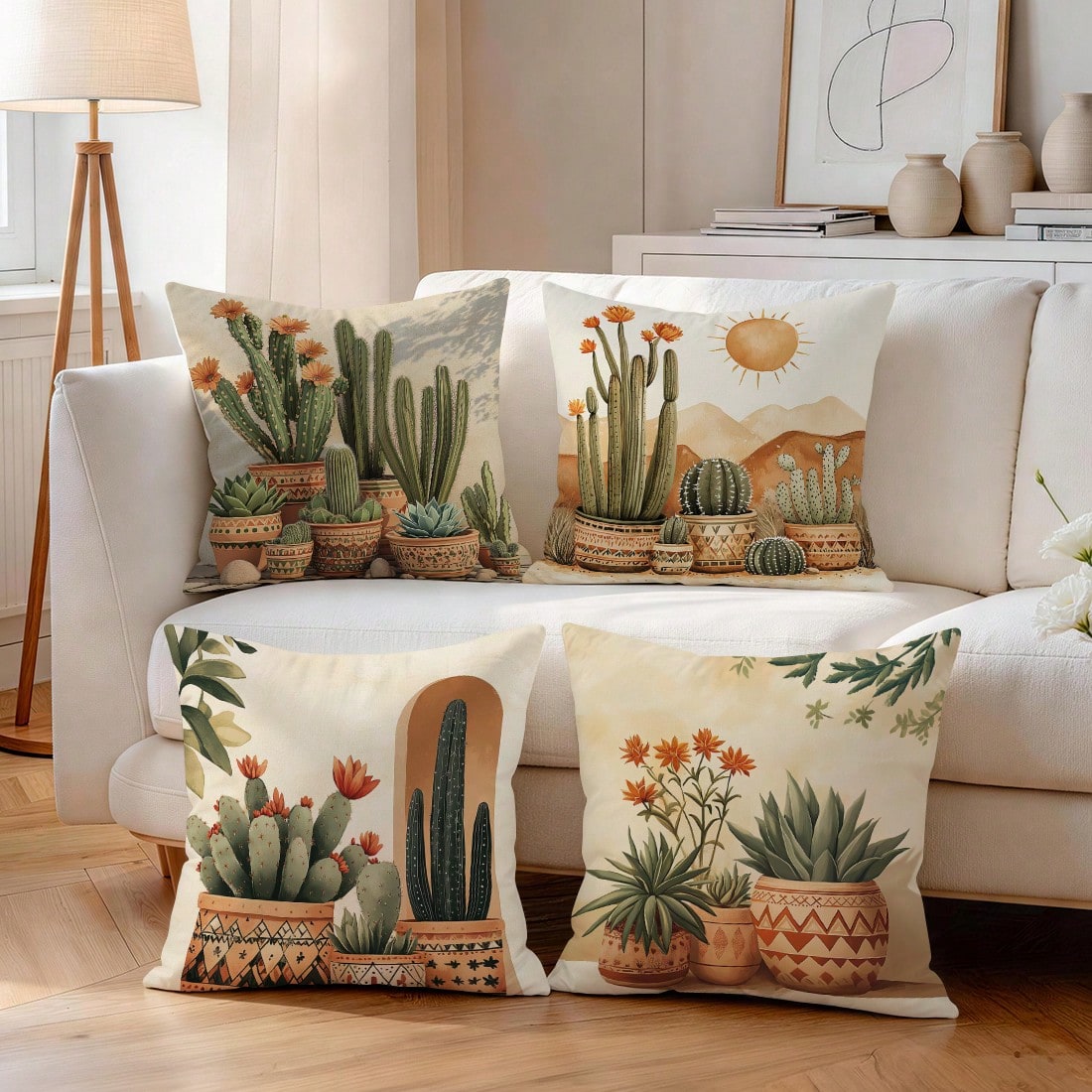 4pcs Bohemian Cactus Pattern Single-Sided Printed Throw Pillow Covers/Cushion Covers, Multi-Scene Atmosphere Decorative Pillow Covers Suitable For Living Room Sofa Bedroom, Pillow Inserts Not Included