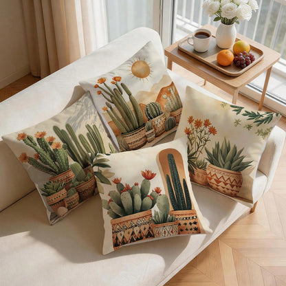 4pcs Bohemian Cactus Pattern Single-Sided Printed Throw Pillow Covers/Cushion Covers, Multi-Scene Atmosphere Decorative Pillow Covers Suitable For Living Room Sofa Bedroom, Pillow Inserts Not Included