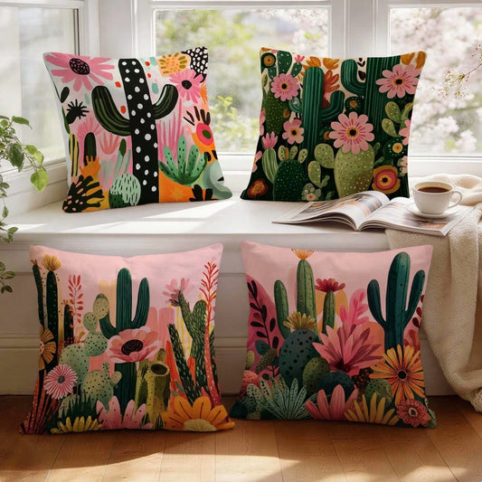 4pcs Bohemian Style Cactus Printed Velvet Throw Pillow Covers, 100% Polyester, Living Room Sofa Bedroom Decor, 40x40cm/45x45cm/50x50cm, No Pillow Insert