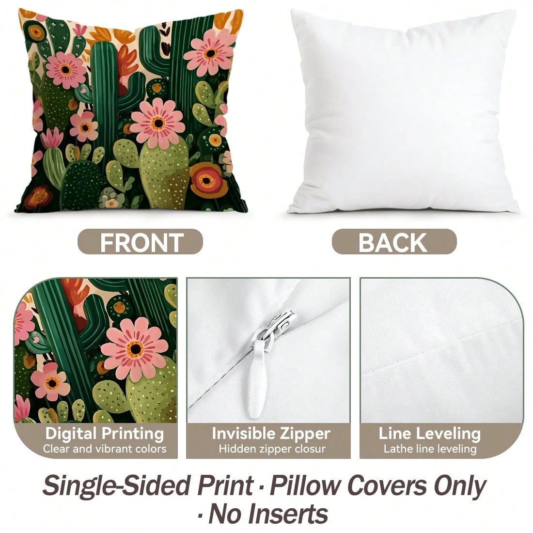 4pcs Bohemian Style Cactus Printed Velvet Throw Pillow Covers, 100% Polyester, Living Room Sofa Bedroom Decor, 40x40cm/45x45cm/50x50cm, No Pillow Insert