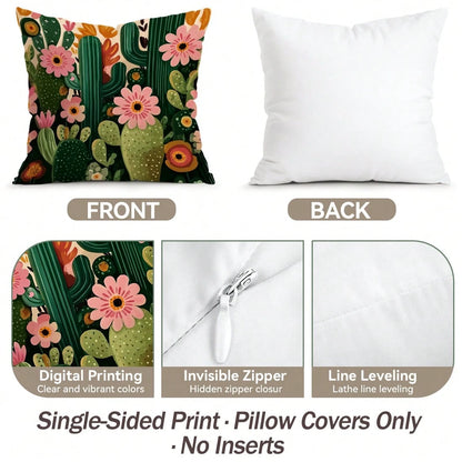 4pcs Bohemian Style Cactus Printed Velvet Throw Pillow Covers, 100% Polyester, Living Room Sofa Bedroom Decor, 40x40cm/45x45cm/50x50cm, No Pillow Insert