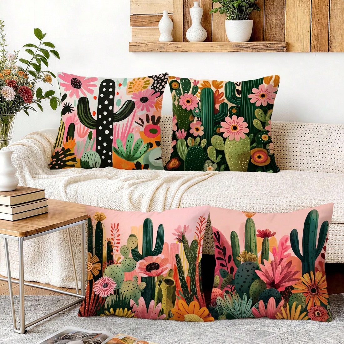 4pcs Bohemian Style Cactus Printed Velvet Throw Pillow Covers, 100% Polyester, Living Room Sofa Bedroom Decor, 40x40cm/45x45cm/50x50cm, No Pillow Insert