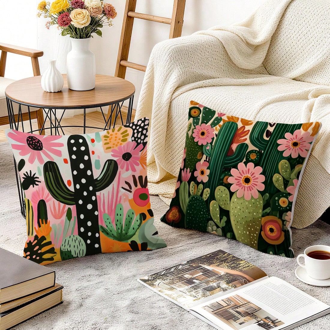 4pcs Bohemian Style Cactus Printed Velvet Throw Pillow Covers, 100% Polyester, Living Room Sofa Bedroom Decor, 40x40cm/45x45cm/50x50cm, No Pillow Insert