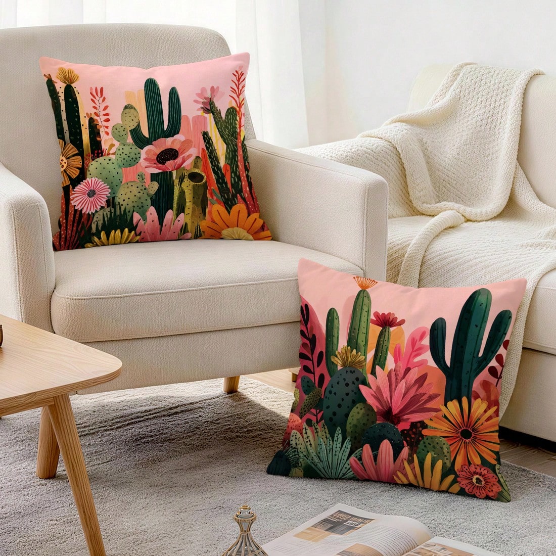 4pcs Bohemian Style Cactus Printed Velvet Throw Pillow Covers, 100% Polyester, Living Room Sofa Bedroom Decor, 40x40cm/45x45cm/50x50cm, No Pillow Insert