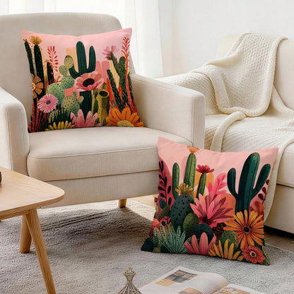 4pcs Bohemian Style Cactus Printed Velvet Throw Pillow Covers, 100% Polyester, Living Room Sofa Bedroom Decor, 40x40cm/45x45cm/50x50cm, No Pillow Insert