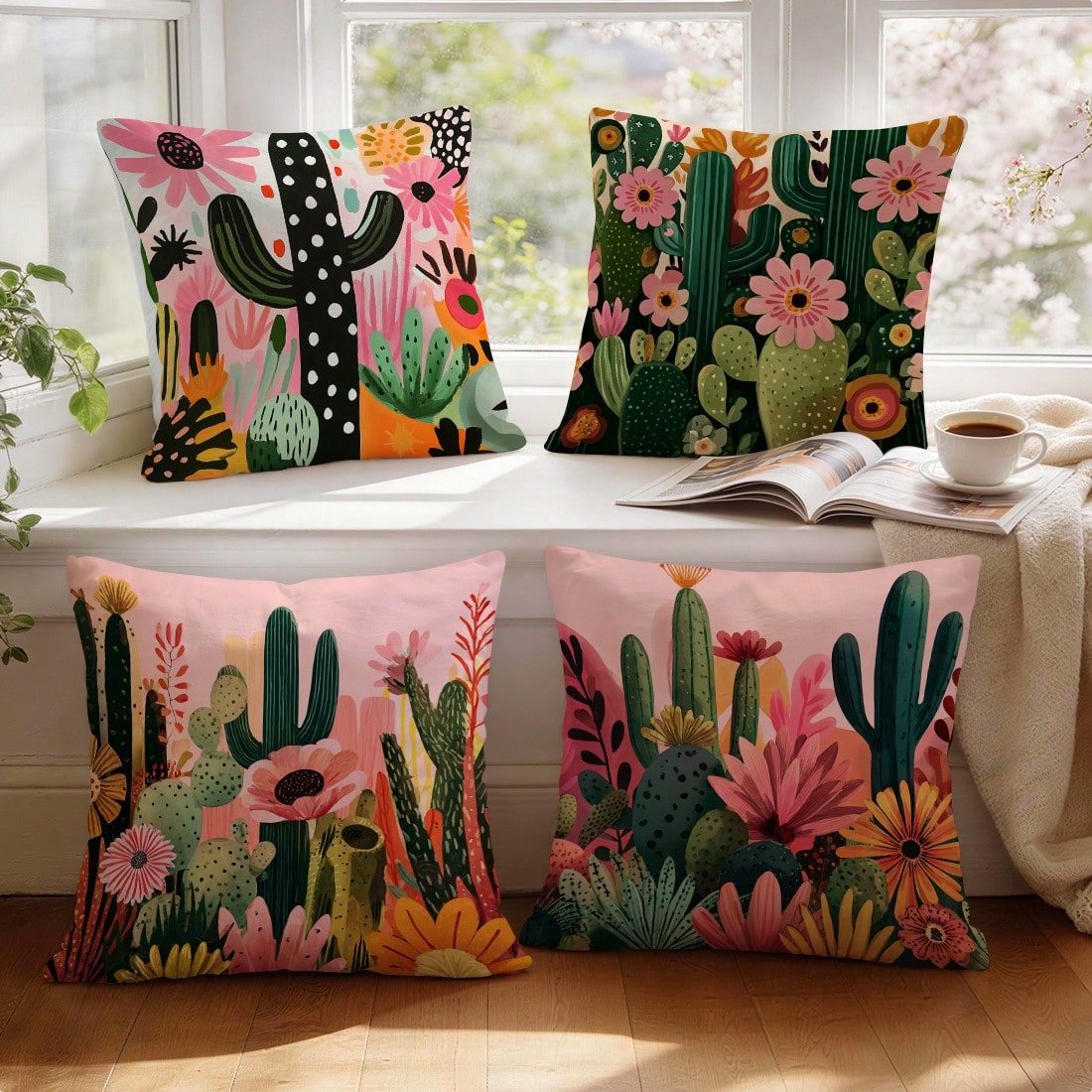 4pcs Bohemian Style Cactus Printed Velvet Throw Pillow Covers, 100% Polyester, Living Room Sofa Bedroom Decor, 40x40cm/45x45cm/50x50cm, No Pillow Insert