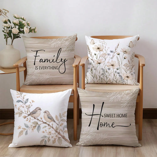 4pcs Brown Natural Wood Style Floral & Bird Home Theme Pillow Covers, Single-Sided Printed Skin-Friendly Peach Skin Velvet Material, 45*45CM Cushion Covers Suitable For Home Bedroom Living Room Room P