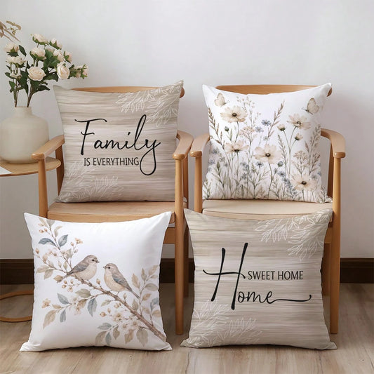4pcs Brown Natural Wood Style Floral & Bird Home Theme Pillow Covers, Single-Sided Printed Skin-Friendly Peach Skin Velvet Material, 45*45CM Cushion Covers Suitable For Home Bedroom Living Room Room P