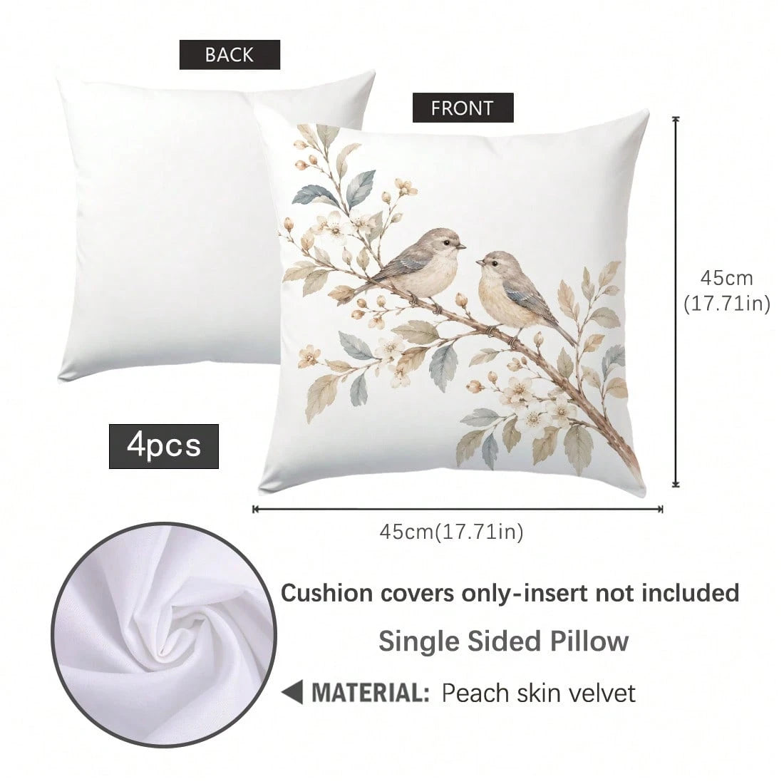 4pcs Brown Natural Wood Style Floral & Bird Home Theme Pillow Covers, Single-Sided Printed Skin-Friendly Peach Skin Velvet Material, 45*45CM Cushion Covers Suitable For Home Bedroom Living Room Room P