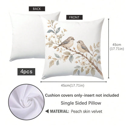 4pcs Brown Natural Wood Style Floral & Bird Home Theme Pillow Covers, Single-Sided Printed Skin-Friendly Peach Skin Velvet Material, 45*45CM Cushion Covers Suitable For Home Bedroom Living Room Room P