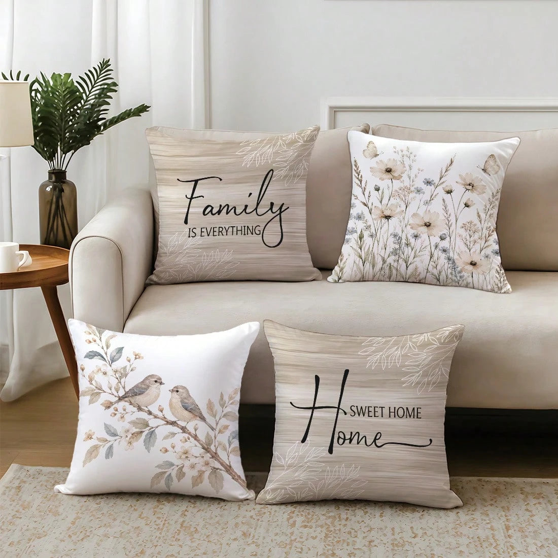 4pcs Brown Natural Wood Style Floral & Bird Home Theme Pillow Covers, Single-Sided Printed Skin-Friendly Peach Skin Velvet Material, 45*45CM Cushion Covers Suitable For Home Bedroom Living Room Room P