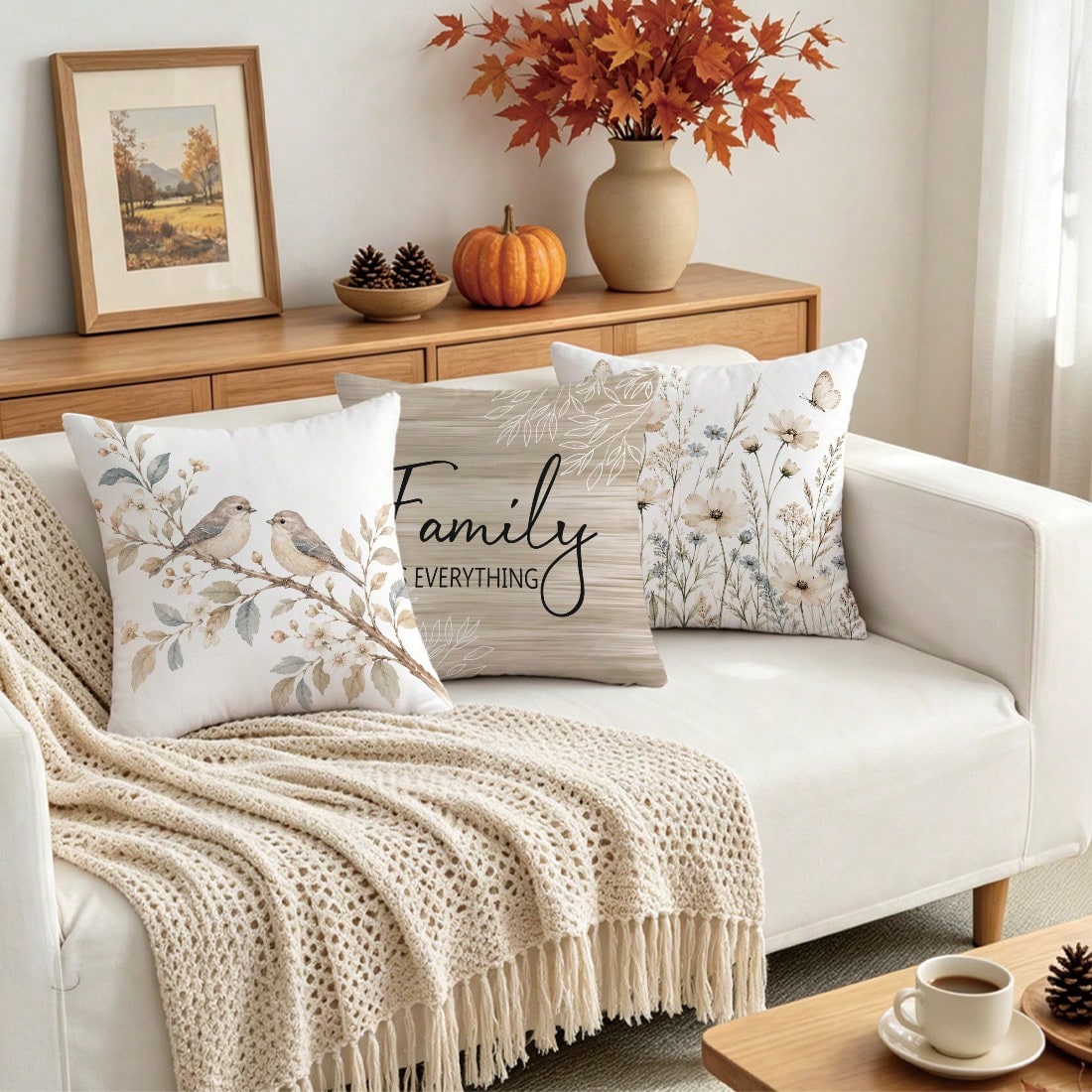 4pcs Brown Natural Wood Style Floral & Bird Home Theme Pillow Covers, Single-Sided Printed Skin-Friendly Peach Skin Velvet Material, 45*45CM Cushion Covers Suitable For Home Bedroom Living Room Room P