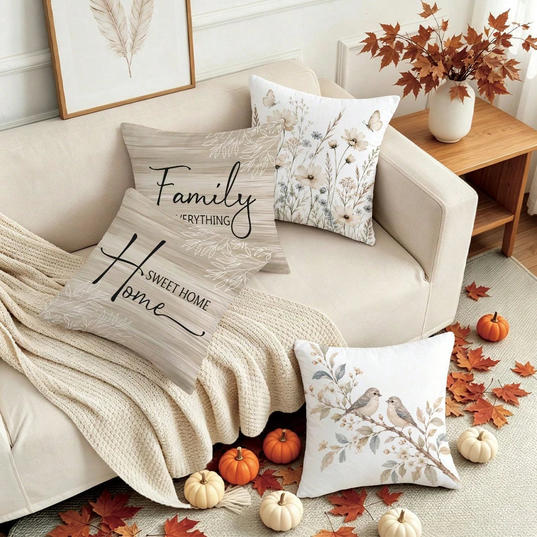 4pcs Brown Natural Wood Style Floral & Bird Home Theme Pillow Covers, Single-Sided Printed Skin-Friendly Peach Skin Velvet Material, 45*45CM Cushion Covers Suitable For Home Bedroom Living Room Room P