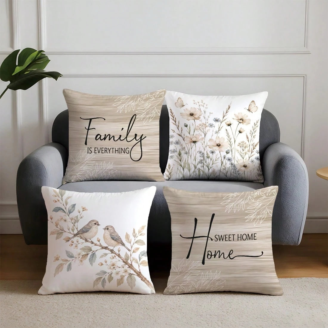 4pcs Brown Natural Wood Style Floral & Bird Home Theme Pillow Covers, Single-Sided Printed Skin-Friendly Peach Skin Velvet Material, 45*45CM Cushion Covers Suitable For Home Bedroom Living Room Room P
