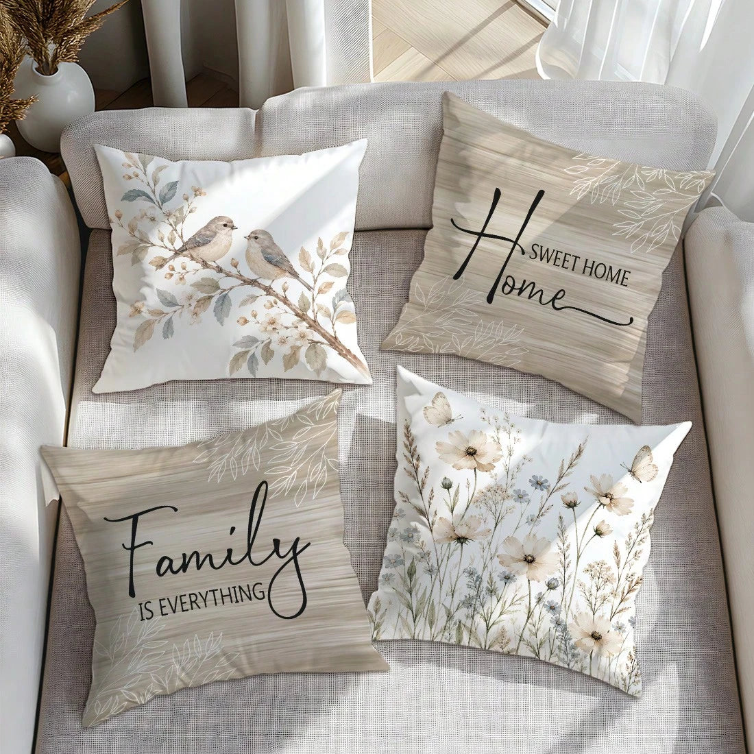 4pcs Brown Natural Wood Style Floral & Bird Home Theme Pillow Covers, Single-Sided Printed Skin-Friendly Peach Skin Velvet Material, 45*45CM Cushion Covers Suitable For Home Bedroom Living Room Room P