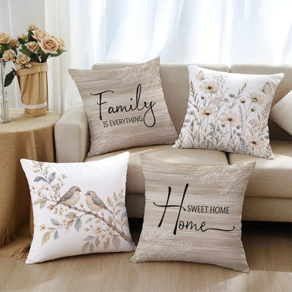 4pcs Brown Natural Wood Style Floral & Bird Home Theme Pillow Covers, Single-Sided Printed Skin-Friendly Peach Skin Velvet Material, 45*45CM Cushion Covers Suitable For Home Bedroom Living Room Room P