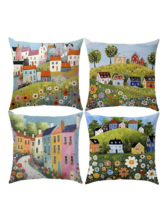 4pcs Colorful Floral Cottage Town Pillow Covers, Single-Sided Printed Soft Peach Velvet Material, 40*40/45*45/50*50CM Cushion Covers For Indoor Decor, Party, Gift