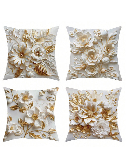 4Pcs Floral Leaf Botanical Gold White Polyester Throw Pillow Coverss, Simple Premium Modern Throw Pillow Coverss, Decorative Cushion Coverss 45*45Cm/18 "X18" For Living Room Bedroom Sofa Bed Decoratio