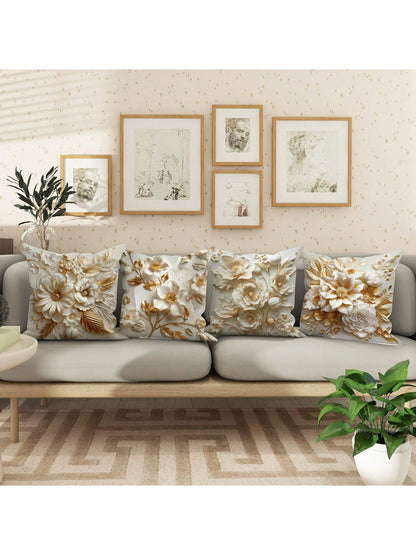 4Pcs Floral Leaf Botanical Gold White Polyester Throw Pillow Coverss, Simple Premium Modern Throw Pillow Coverss, Decorative Cushion Coverss 45*45Cm/18 "X18" For Living Room Bedroom Sofa Bed Decoratio
