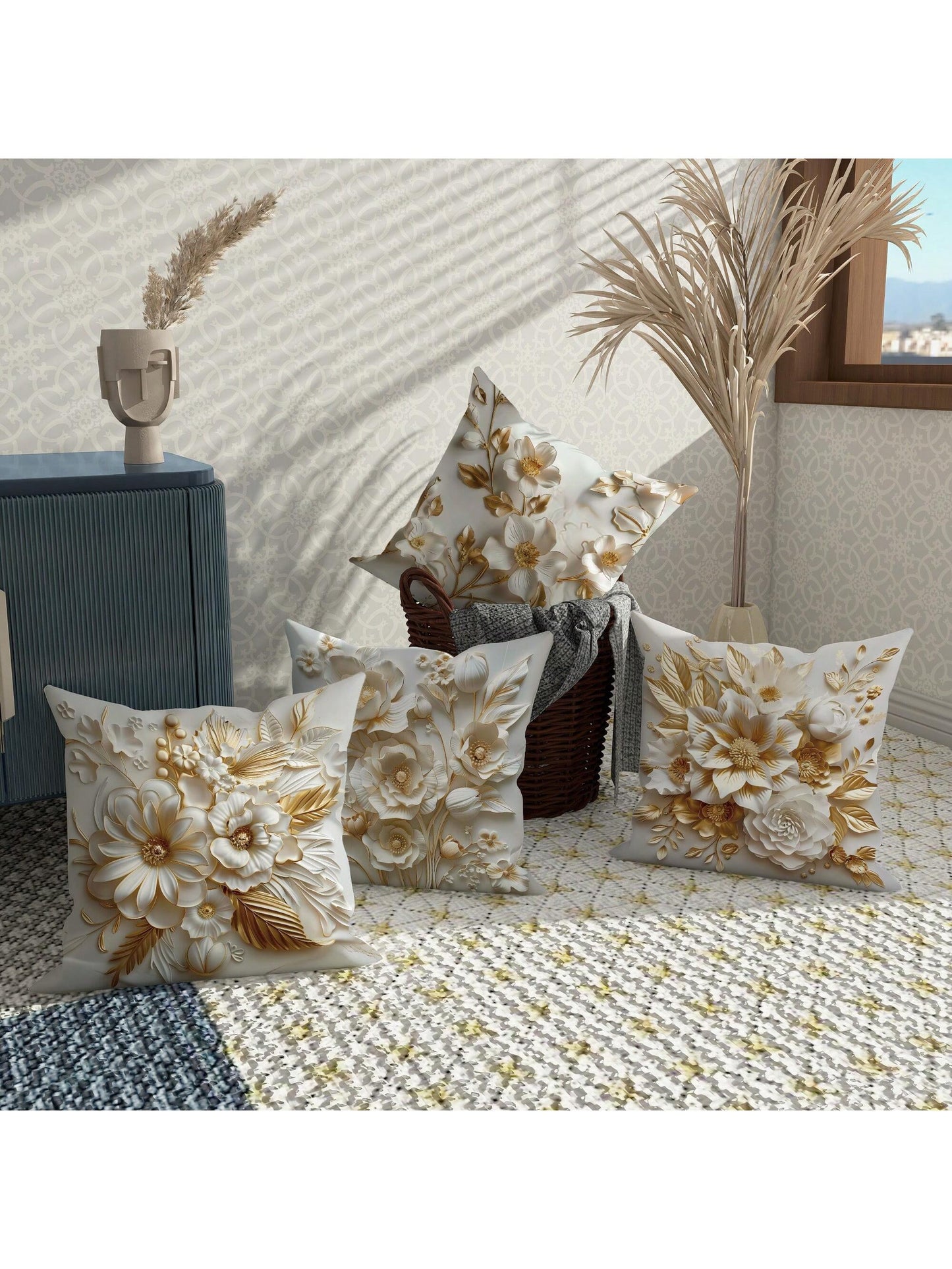 4Pcs Floral Leaf Botanical Gold White Polyester Throw Pillow Coverss, Simple Premium Modern Throw Pillow Coverss, Decorative Cushion Coverss 45*45Cm/18 "X18" For Living Room Bedroom Sofa Bed Decoratio