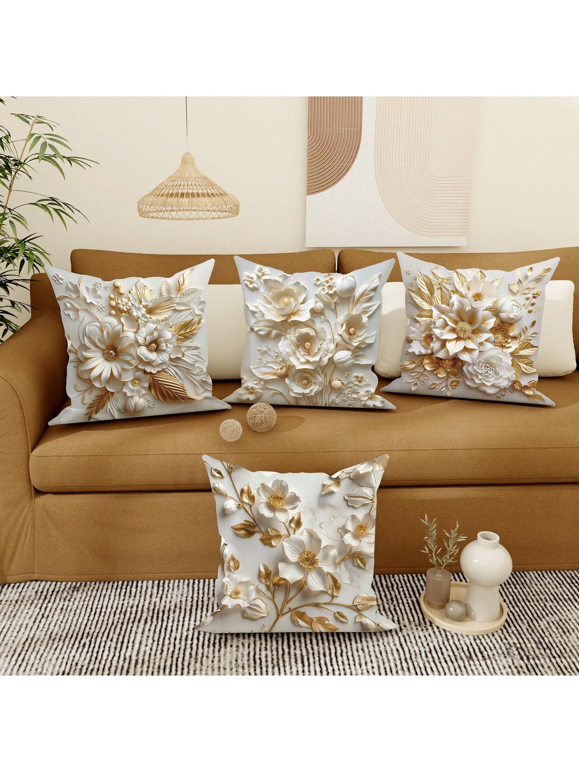 4Pcs Floral Leaf Botanical Gold White Polyester Throw Pillow Coverss, Simple Premium Modern Throw Pillow Coverss, Decorative Cushion Coverss 45*45Cm/18 "X18" For Living Room Bedroom Sofa Bed Decoratio