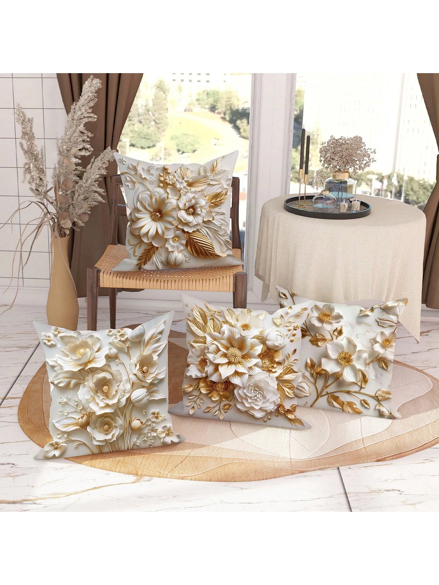 4Pcs Floral Leaf Botanical Gold White Polyester Throw Pillow Coverss, Simple Premium Modern Throw Pillow Coverss, Decorative Cushion Coverss 45*45Cm/18 "X18" For Living Room Bedroom Sofa Bed Decoratio