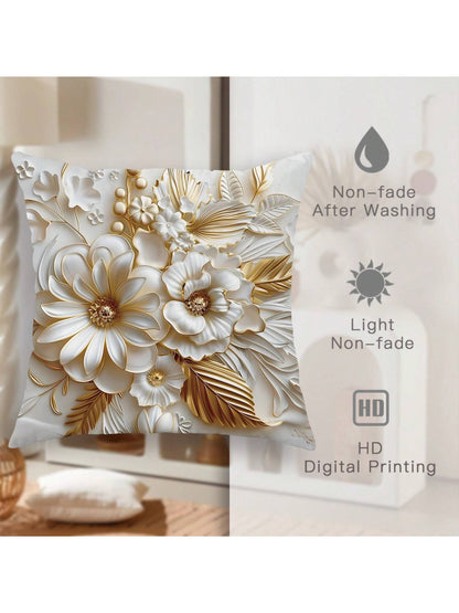 4Pcs Floral Leaf Botanical Gold White Polyester Throw Pillow Coverss, Simple Premium Modern Throw Pillow Coverss, Decorative Cushion Coverss 45*45Cm/18 "X18" For Living Room Bedroom Sofa Bed Decoratio