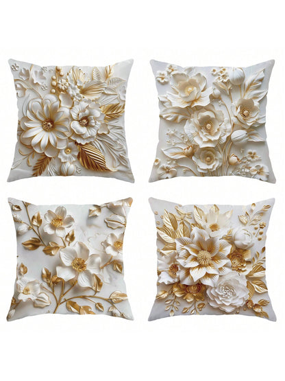 4Pcs Floral Leaf Botanical Gold White Polyester Throw Pillow Coverss, Simple Premium Modern Throw Pillow Coverss, Decorative Cushion Coverss 45*45Cm/18 "X18" For Living Room Bedroom Sofa Bed Decoratio